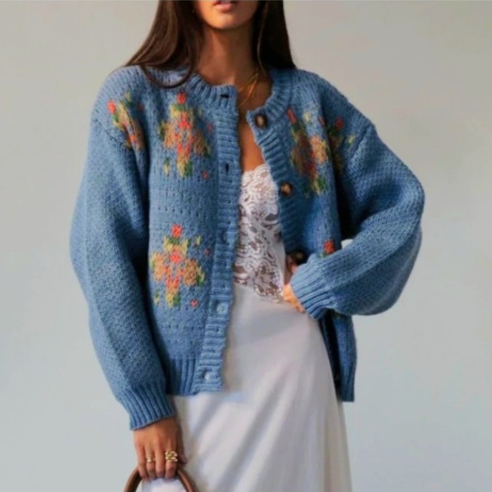 Bailey Rose Antique Floral Button Down Thick Knit Cardigan Sweater Shabby Chic S - Picture 1 of 11